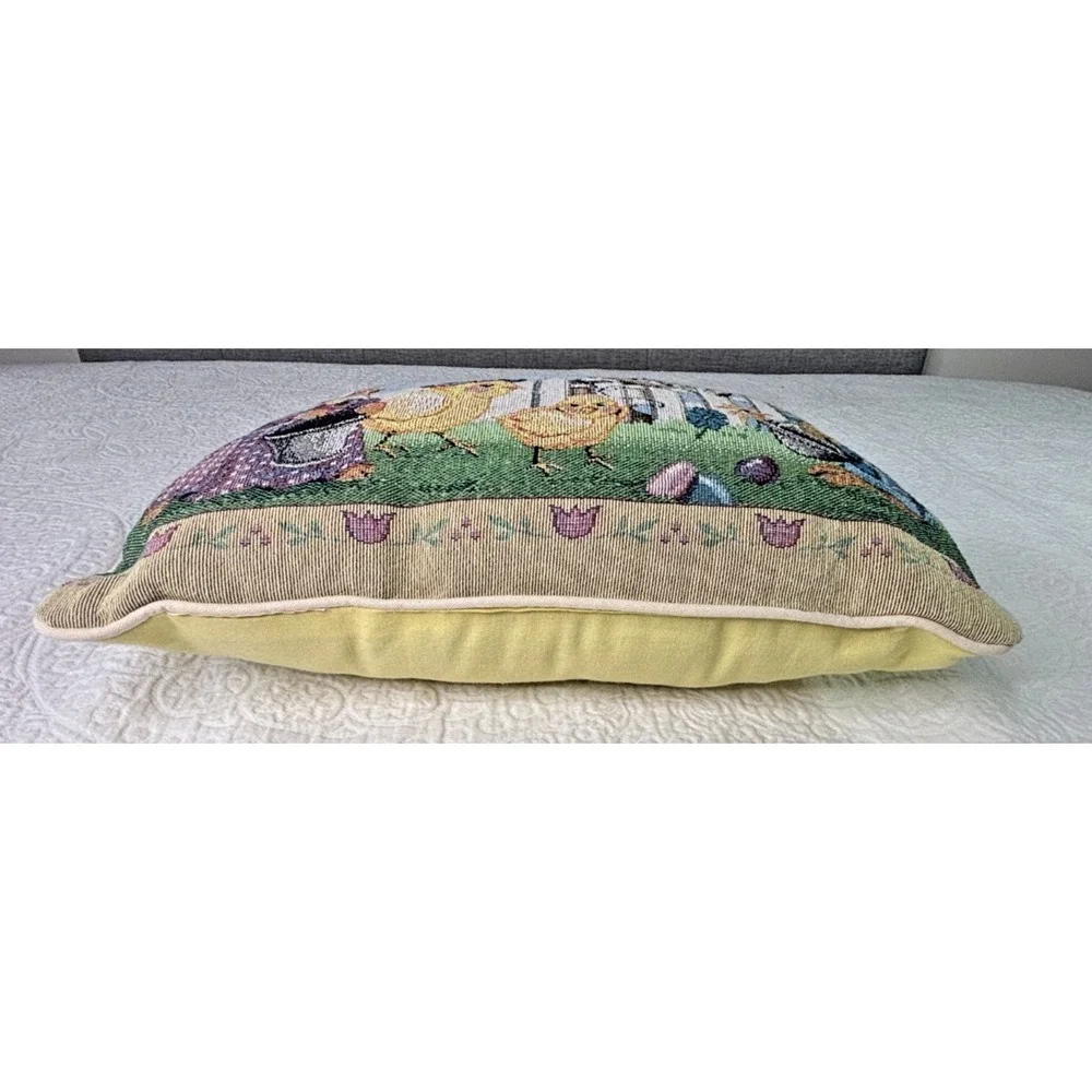 Vintage Tapestry Easter Pillow Rabbits Chicks Farm Scene Needlepoint Style Decor